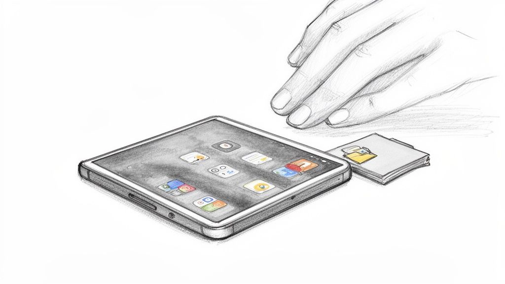 Eine Bleistiftskizze zeigt eine Hand, die nach einem Smartphone mit App-Icons greift.