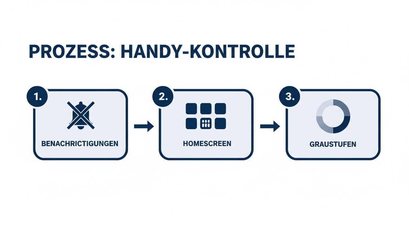 Ein dreistufiges Prozessdiagramm zur Handy-Kontrolle: Benachrichtigungen deaktivieren, Homescreen organisieren, Graustufen aktivieren.