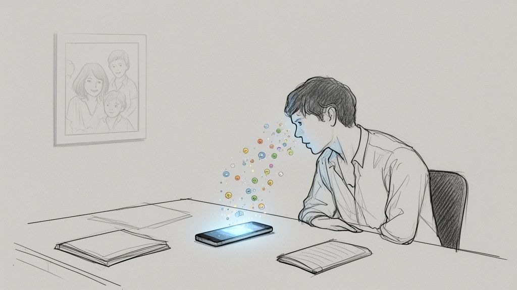 Ein junger Mann blickt fasziniert auf ein leuchtendes Smartphone, von dem bunte Icons aufsteigen. Im Hintergrund ist ein Familienbild zu sehen.