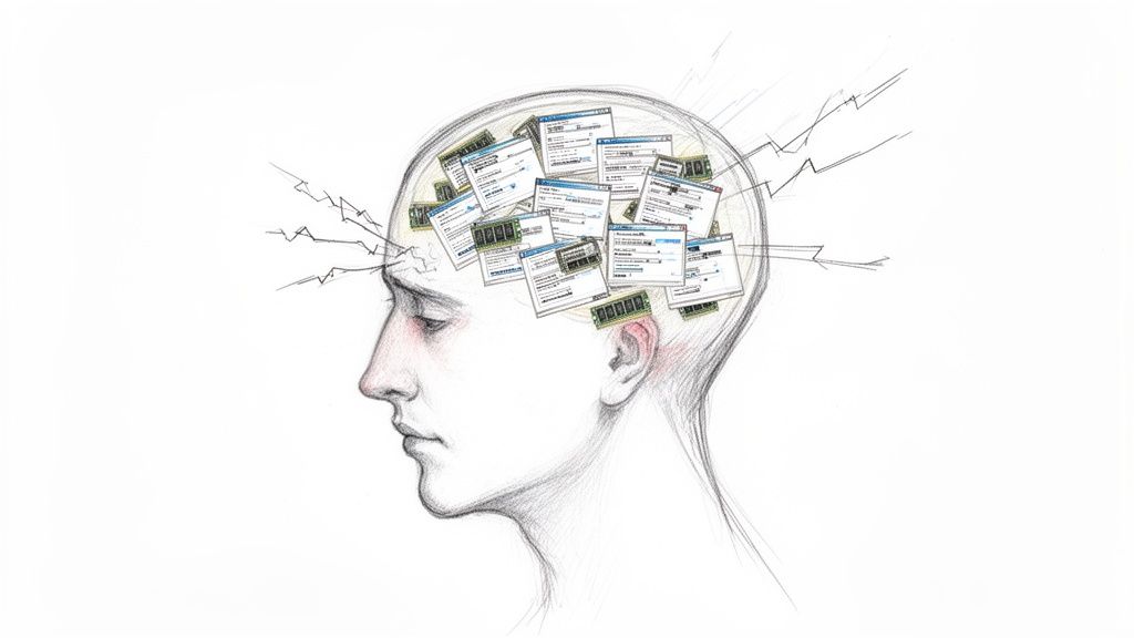 Kopfprofil eines Menschen, gefüllt mit Computerfenstern und RAM-Modulen, was mentale Überlastung darstellt.