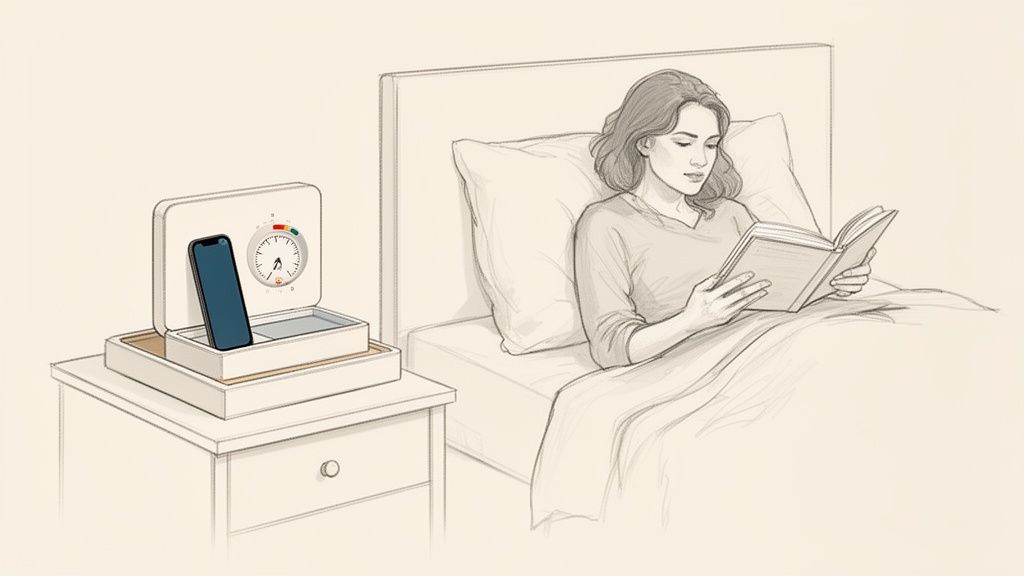 Frau liest vor dem Schlafengehen ein Buch, während ihr Smartphone in einer Box auf dem Nachttisch liegt.