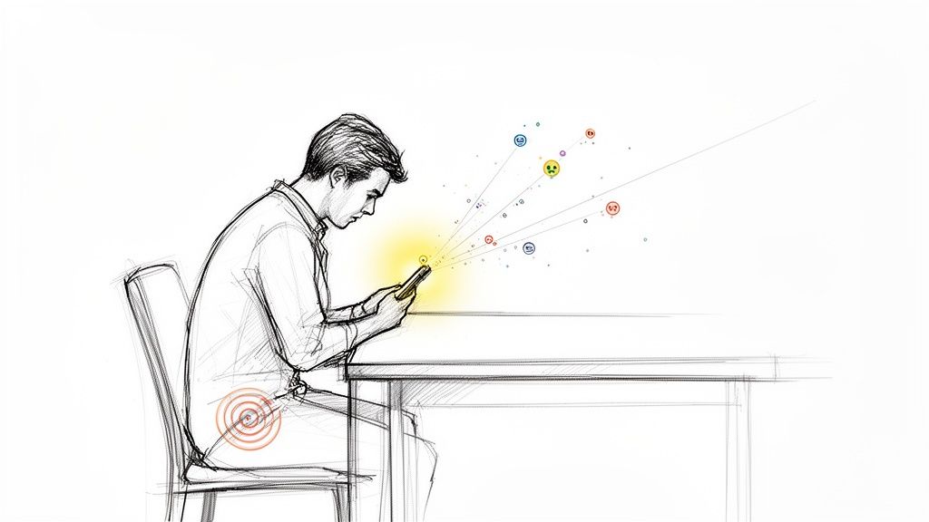 Mann sitzt am Tisch, auf Smartphone konzentriert, mit digitaler Ablenkung und Schmerzen im unteren Rücken.