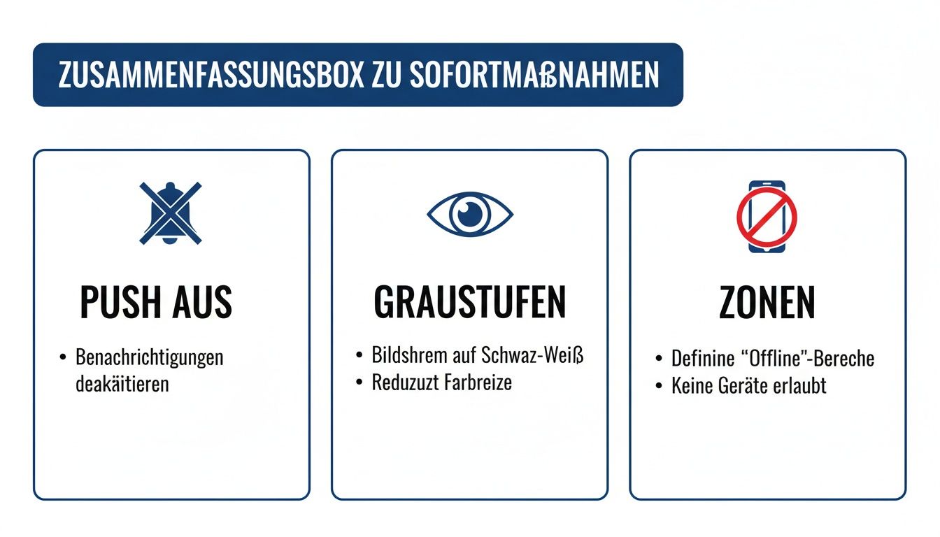 Übersicht über Sofortmaßnahmen zur Reduzierung von Handy-Nutzung: Push-Benachrichtigungen deaktivieren, Graustufen aktivieren, bildschirmfreie Zonen einrichten.