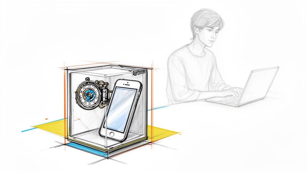 Junge Person am Laptop, ein Smartphone in einer transparenten Box mit Zeitschloss eingeschlossen, symbolisiert Fokus.