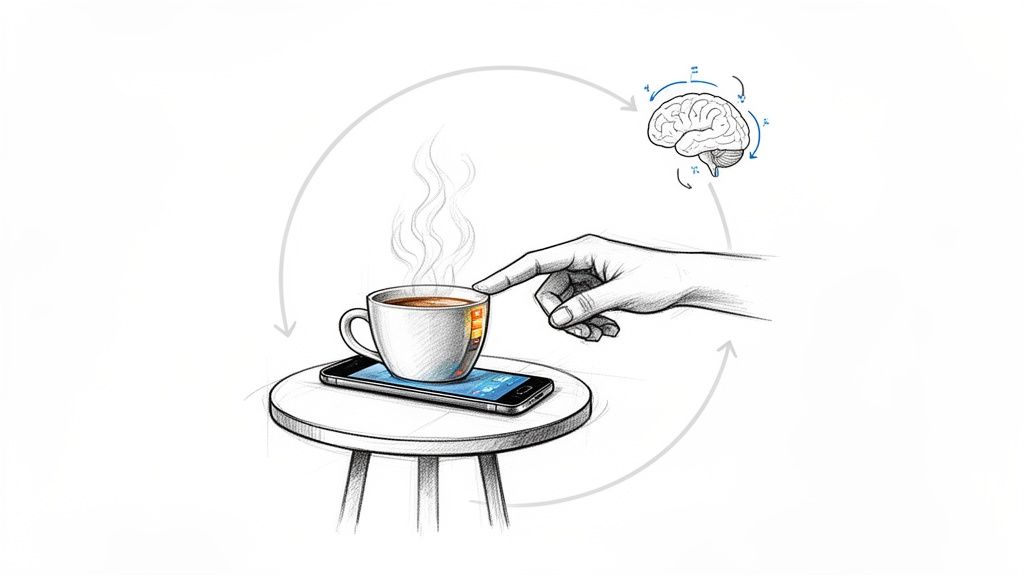 Eine Hand berührt eine dampfende Kaffeetasse, die auf einem Smartphone auf einem Tisch steht. Pfeile zeigen eine Verbindung zum Gehirn.