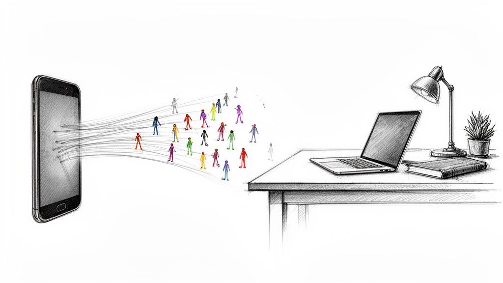 Skizze: Bunte Menschenfiguren strömen von einem Smartphone zu einem Schreibtisch mit Laptop.