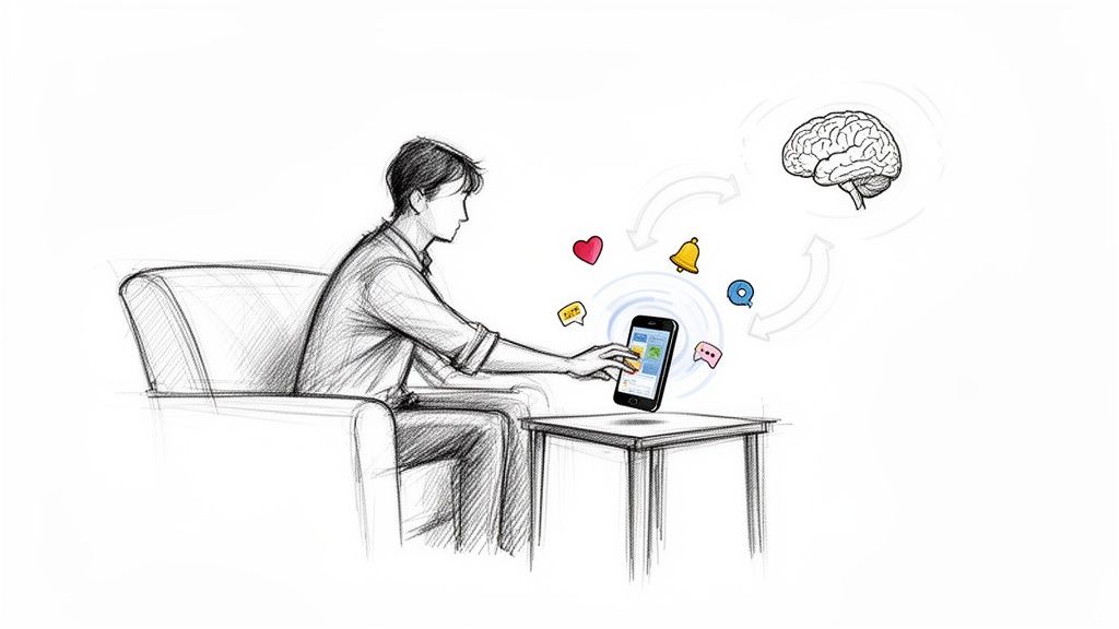 Skizze einer Person, die ein Smartphone bedient, umgeben von Social-Media-Icons und einem Gehirn.