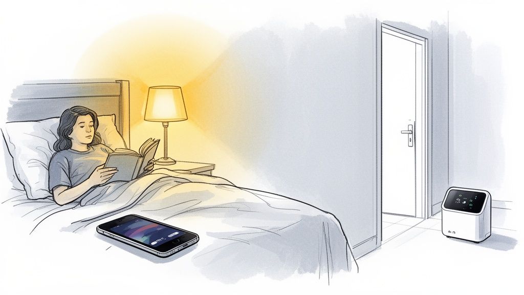 Eine Frau liest abends im Bett ein Buch, während ein Smartphone daneben liegt.