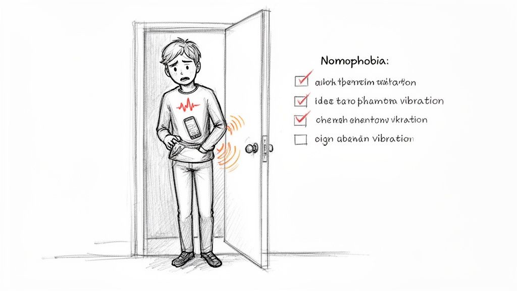 Ein ängstlicher junger Mann leidet unter Nomophobie und spürt eine Phantomvibration seines Smartphones.