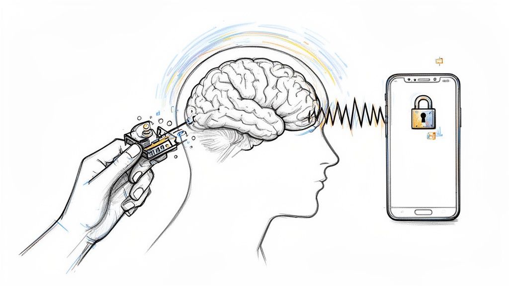 Eine Hand hält ein Gerät, das mit einem Gehirn verbunden ist und Signale an ein gesperrtes Smartphone sendet.