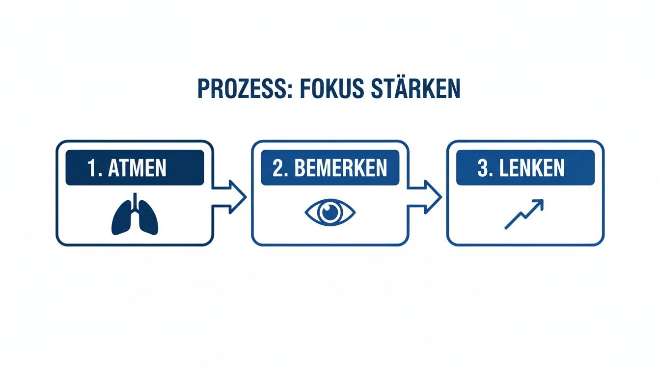 Infografik zeigt den Prozess zur Stärkung des Fokus in drei Schritten: Atmen, Bemerken, Lenken mit Symbolen.