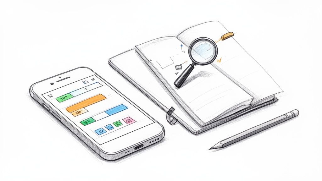 Ein Smartphone mit digitaler Planung, daneben ein Notizbuch mit Lupe und ein Bleistift.