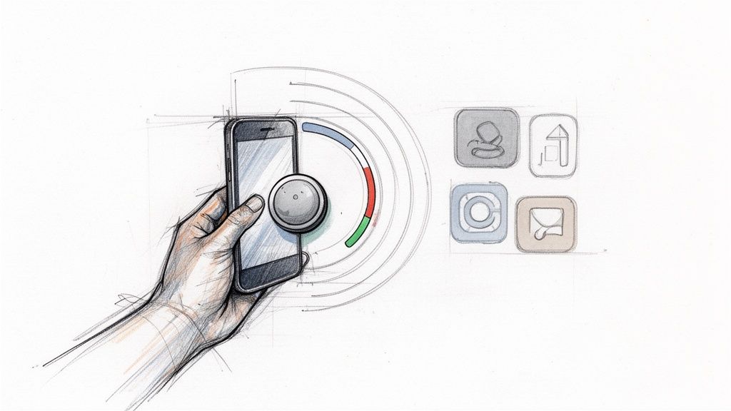 Skizze einer Hand, die ein Smartphone mit einem physischen Drehregler hält, daneben App-Icons.