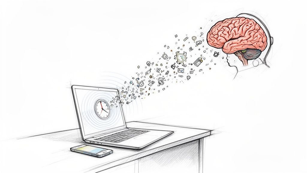 Ein Laptop strahlt digitale Elemente wie Uhren und Symbole auf ein Gehirn aus, mit einem Smartphone daneben.