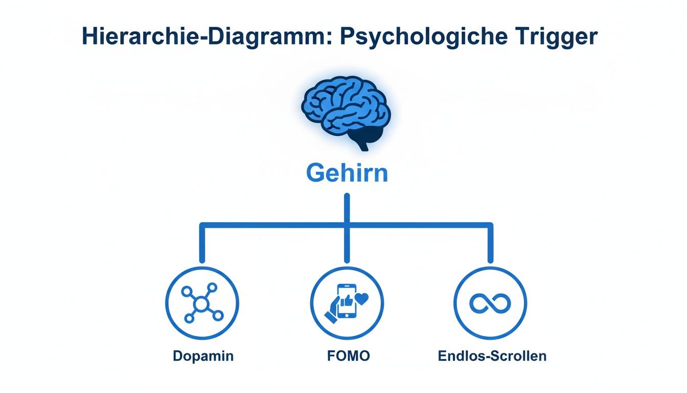 Hierarchie-Diagramm zu psychologischen Triggern: Gehirn, Dopamin, FOMO und Endlos-Scrollen als Auslöser.