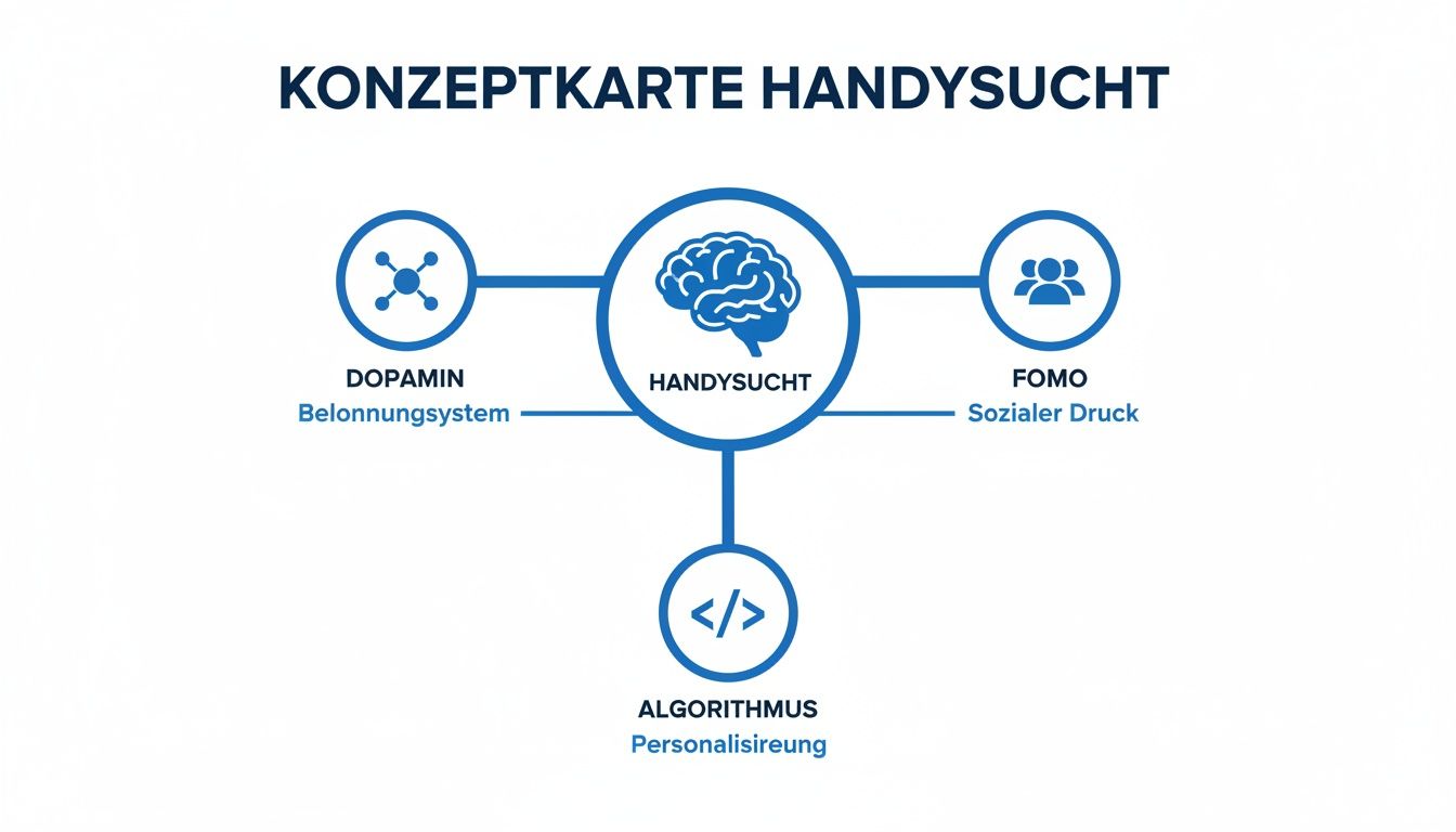 Konzeptkarte 'Handysucht' zeigt Zusammenhänge von Dopamin, FOMO und Algorithmen als Einflussfaktoren auf.