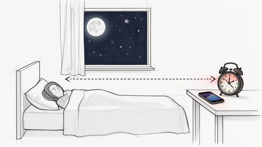 Schlafende Person im Bett in der Nacht, während ein Wecker und Smartphone auf dem Nachttisch klingeln.