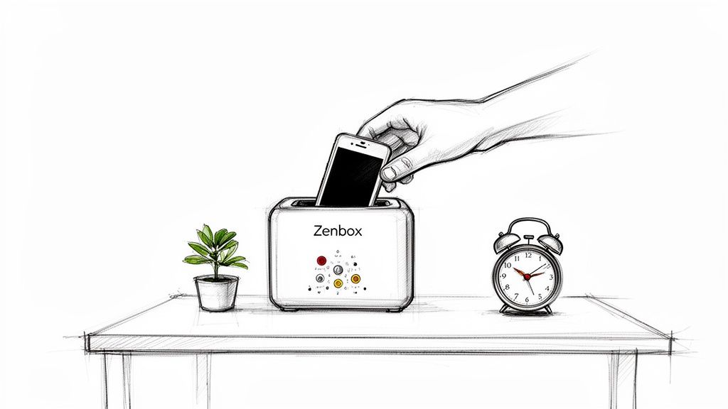 Skizze einer Hand, die ein Smartphone in eine Zenbox steckt, neben Pflanze und Wecker auf einem Tisch.