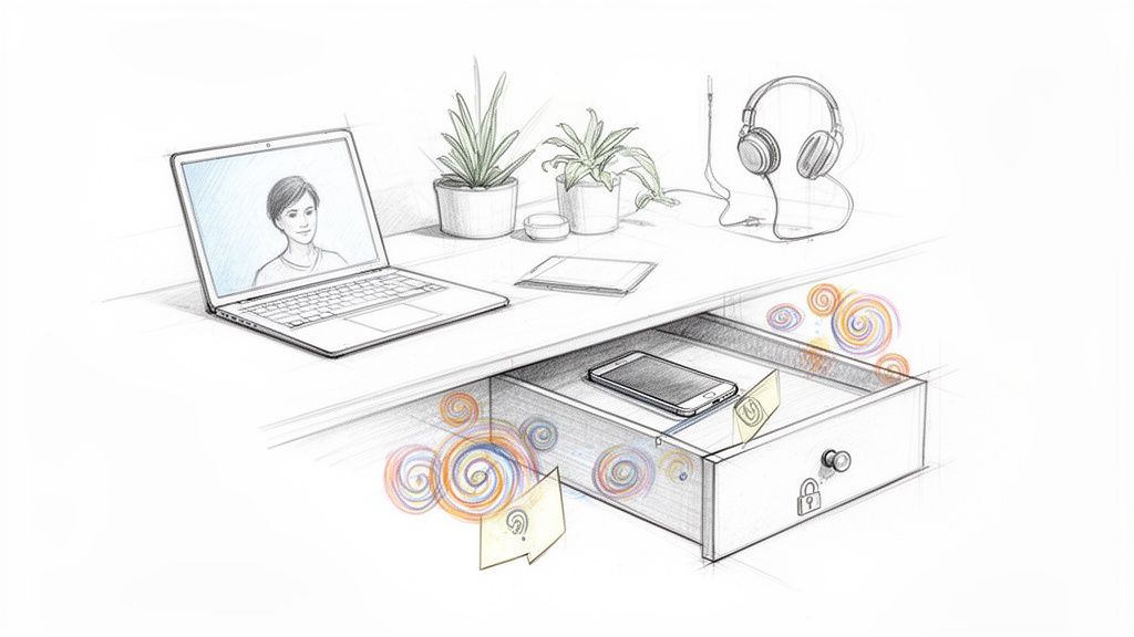 Arbeitsplatz mit Laptop, Pflanzen und einer offenen Schublade mit Smartphone, symbolisiert digitale Ruhe.
