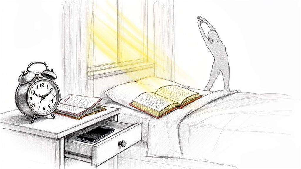 Eine Person streckt sich morgens im Schlafzimmer; ein Wecker und Bücher liegen neben einem versteckten Smartphone.