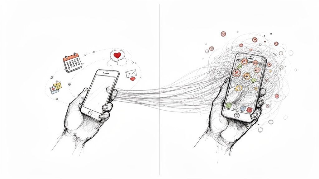 Zwei Hände halten Smartphones; links organisiert, rechts chaotisch mit Apps und Linien, symbolisiert Handysucht.