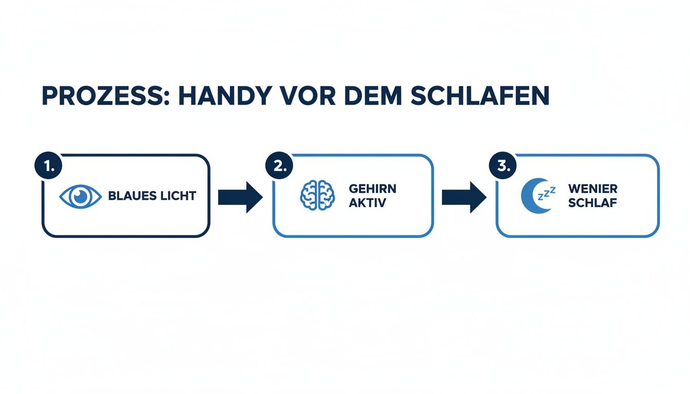 Infografik: Der Prozess, wie blaues Licht vom Handy vor dem Schlafengehen das Gehirn aktiviert und zu weniger Schlaf führt.