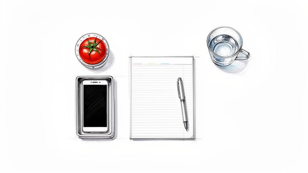 Arbeitsplatz-Draufsicht mit Pomodoro-Timer, Smartphone, Notizblock, Stift und Wasserglas für konzentriertes Arbeiten.