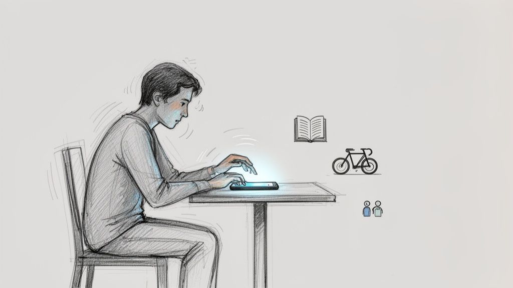 Zeichnung eines Mannes, der gebückt auf sein leuchtendes Smartphone starrt, umgeben von Icons für alternative Aktivitäten.