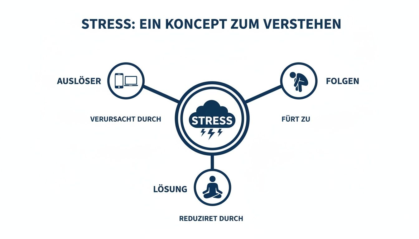 Infografik erklärt Stress: Ursachen (digitale Geräte), Folgen (Belastung) und Lösungen (Achtsamkeit) zur besseren Verständigung.
