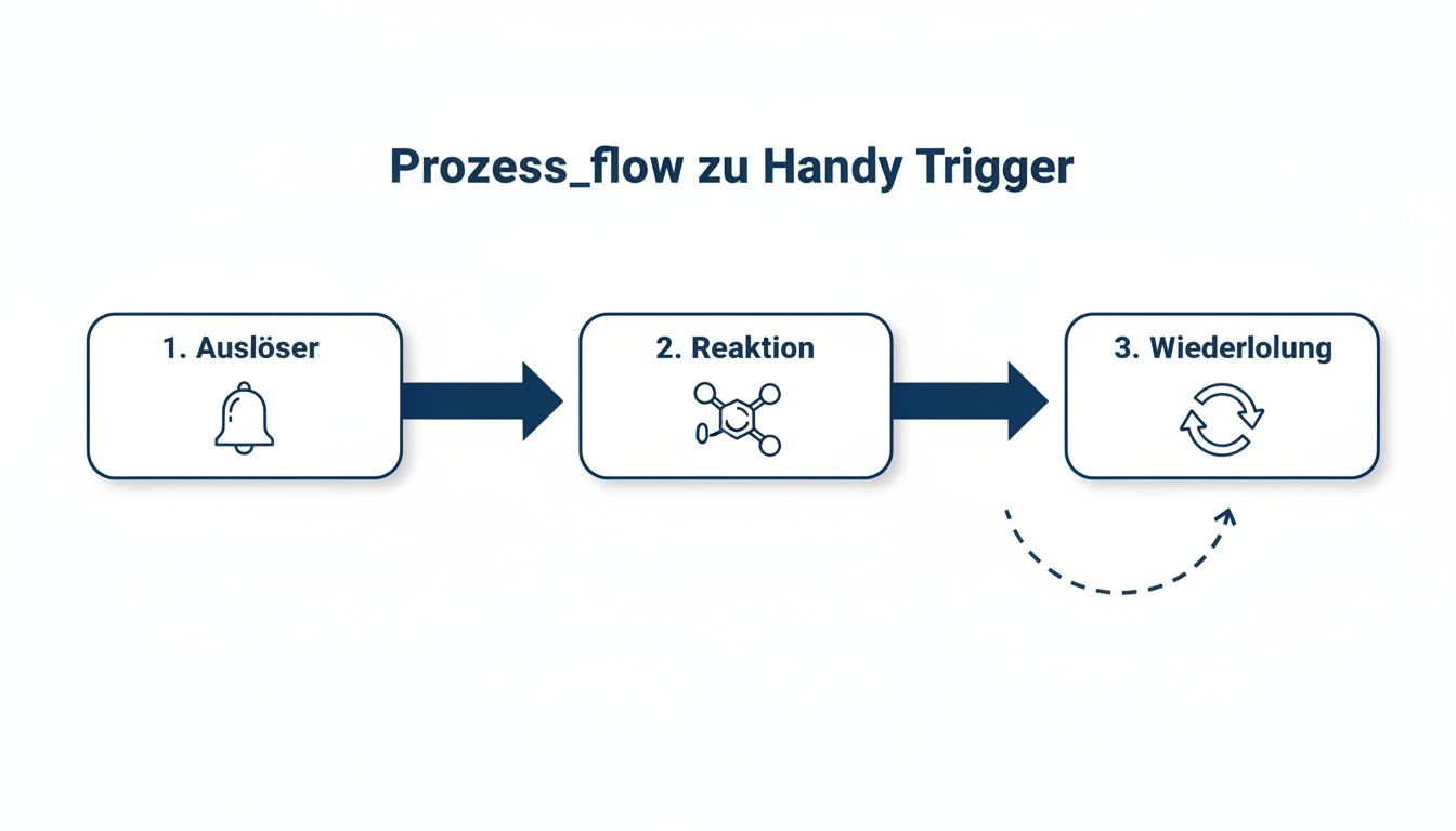 Flussdiagramm zum Handy-Trigger-Prozess: Auslöser, Reaktion und Wiederholung als wiederkehrender Kreislauf dargestellt.