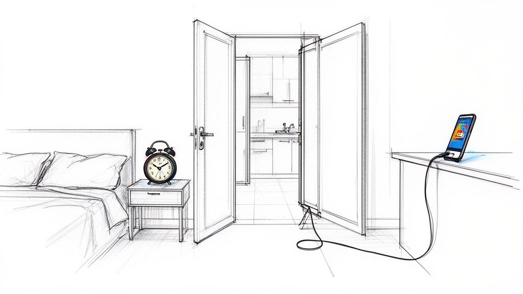 Handgezeichnete Skizze: Schlafzimmer mit Wecker auf Nachttisch. Offene Türen führen zur Küche, Handy lädt auf separatem Tisch.