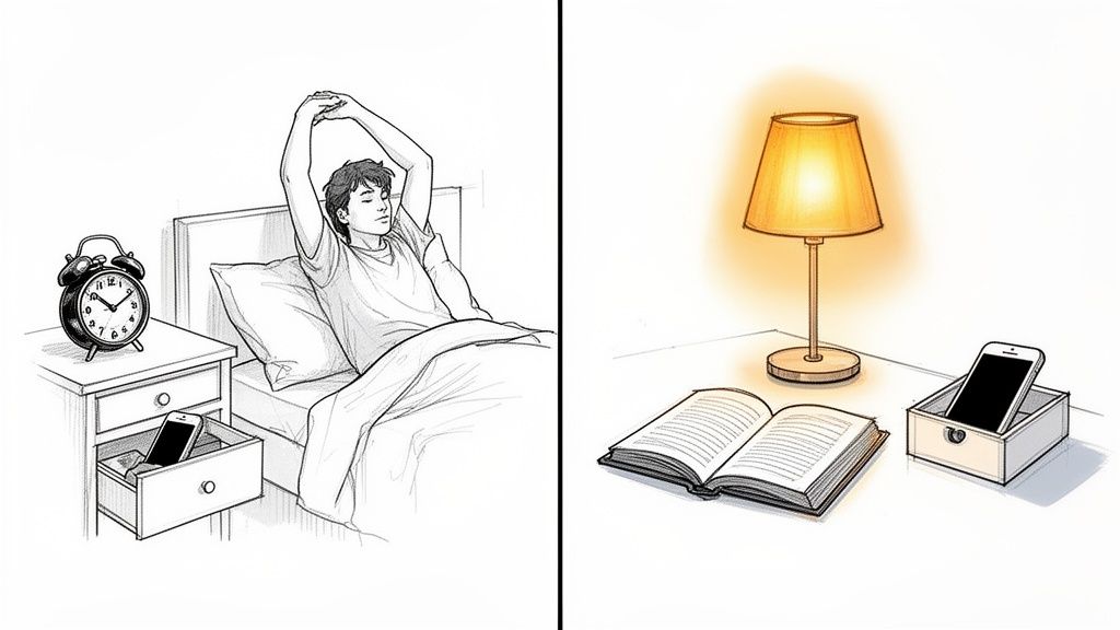 Zwei Szenen zeigen morgendliches Erwachen und eine Leseecke mit Handy in einer Box.