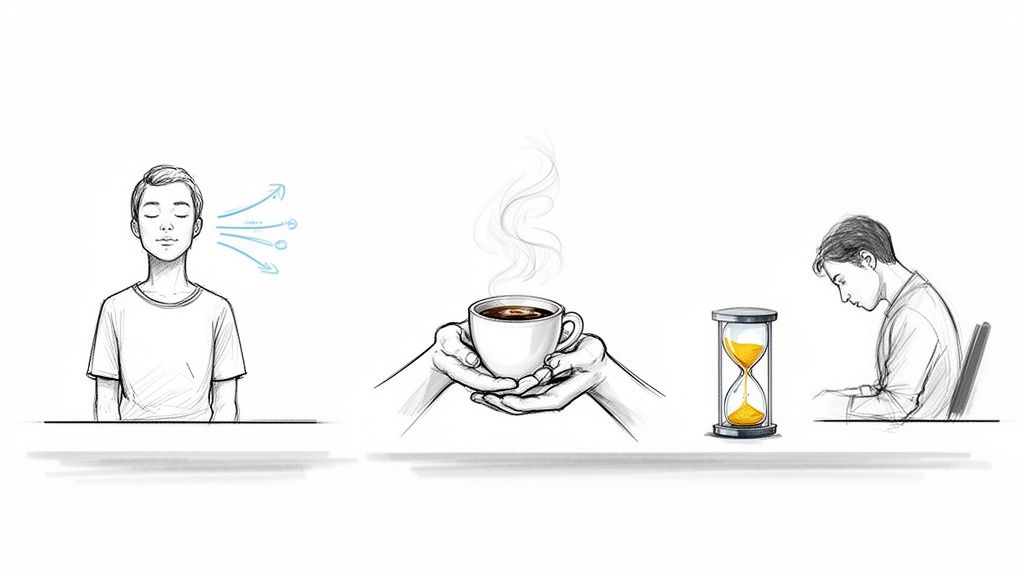 Illustration von Achtsamkeit, einer Kaffeepause und konzentrierter Arbeit mit einer Sanduhr.