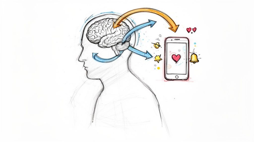 Eine Skizze zeigt das menschliche Gehirn und seine Verbindung zu einem Smartphone mit Belohnungs- und Benachrichtigungssymbolen.