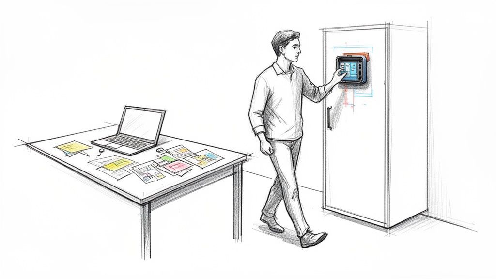 Skizze: Ein Mann bedient ein Wand-Tablet neben einem Schrank; ein Schreibtisch mit Laptop im Vordergrund.