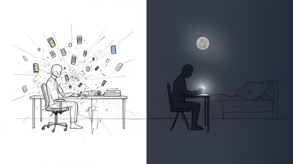 Eine Person tagsüber von fliegenden Handys abgelenkt, nachts vom leuchtenden Handy im Bett beleuchtet, symbolisiert Handysucht.