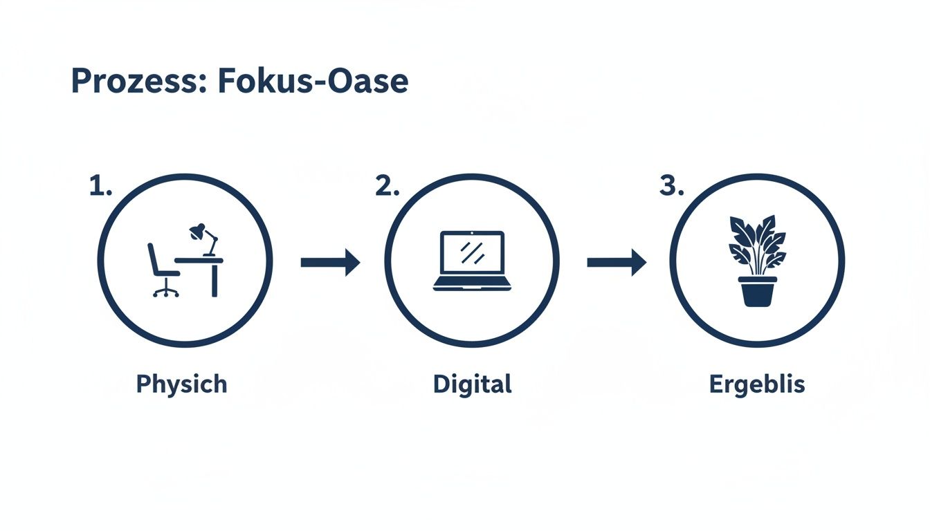 Der Prozess der Fokus-Oase visualisiert den Übergang von physischer zu digitaler Arbeit mit einem positiven Ergebnis.