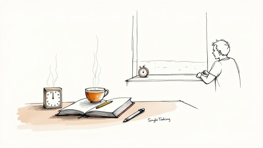 Illustration von Achtsamkeit: Eine Person blickt aus dem Fenster, ein Schreibtisch mit Notizbuch und dampfender Tasse daneben.