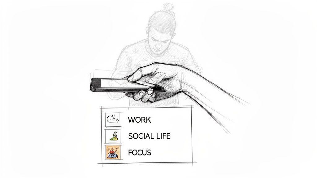 Skizzierte Hand hält Smartphone, darunter Liste mit Arbeit, Sozialleben und Fokus.