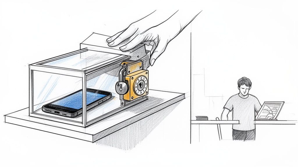 Eine Hand schließt ein Smartphone in einer durchsichtigen, abschließbaren Box ein, während eine Person am Laptop arbeitet.