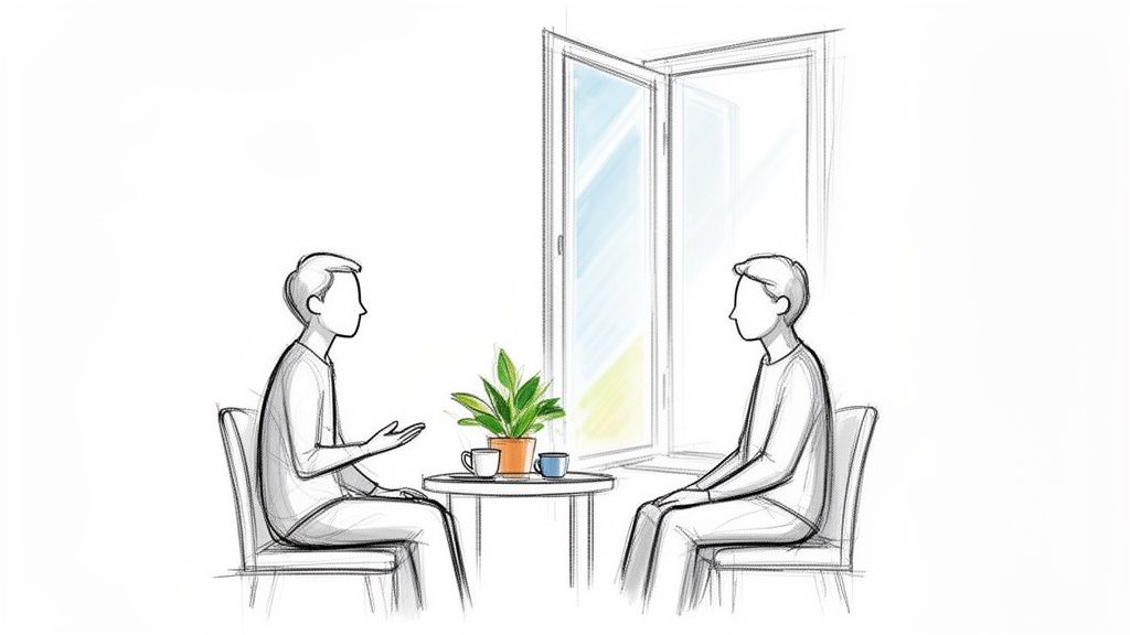 Zwei Personen sitzen sich an einem Tisch gegenüber, unterhalten sich und trinken Kaffee vor einem Fenster.