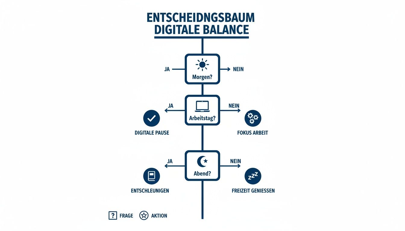 Ein Entscheidungsbaum zur digitalen Balance, der durch Fragen zu Tageszeit und Arbeit zu bewusster Gerätenutzung führt.