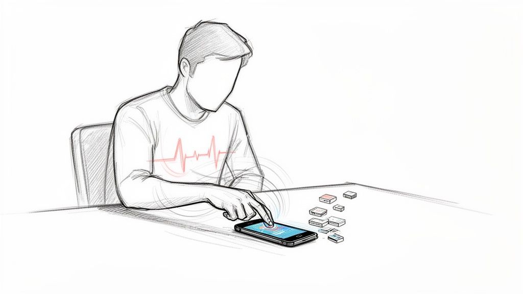 Skizze eines Mannes, der auf einem Smartphone tippt, mit einem Herzfrequenzmuster auf seinem T-Shirt und kleinen Objekten auf dem Tisch.