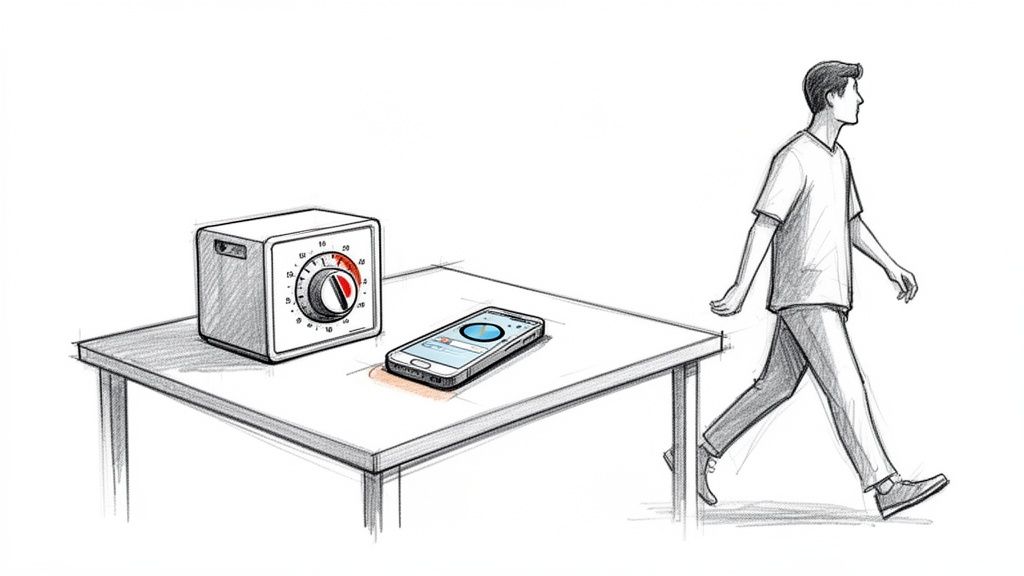 Mann geht von einem Tisch mit einem Küchenwecker und Smartphone weg. Der Timer ist auf eine kurze Zeit eingestellt.