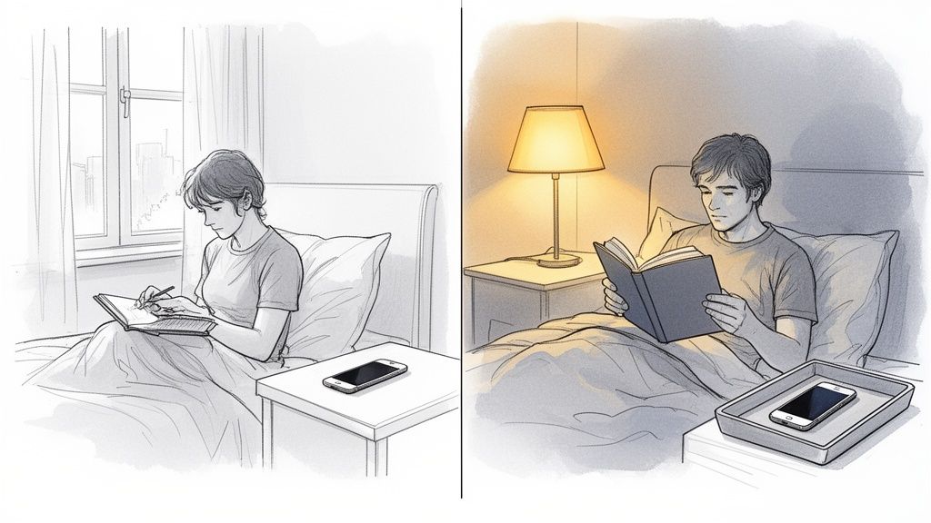 Zwei Personen im Bett zeigen unterschiedliche Abendroutinen: Schreiben, Lesen und die Platzierung des Smartphones.