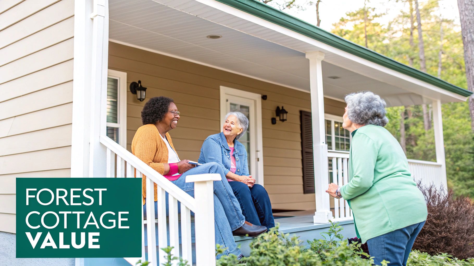 Elderly friends smiling and talking on a welcoming home porch amidst a natural setting.
