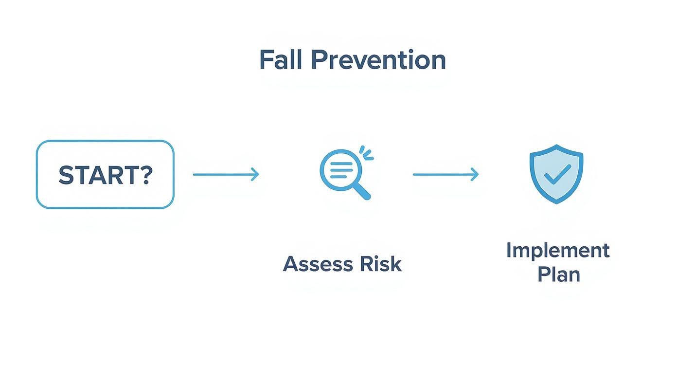A flowchart illustrating the three steps of fall prevention: Start, Assess Risk, and Implement Plan.