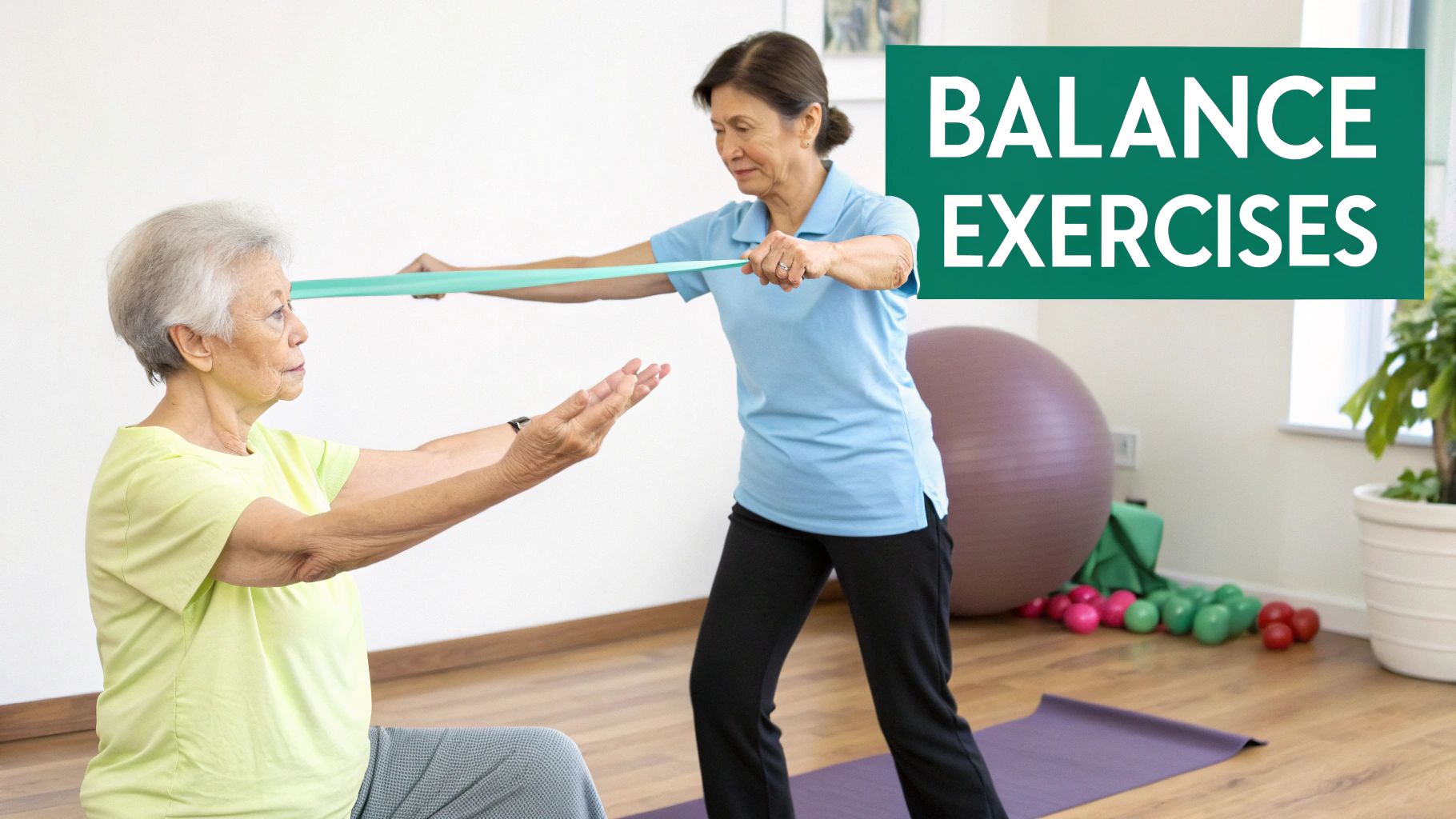 Two senior women performing balance exercises with a resistance band in a bright room.
