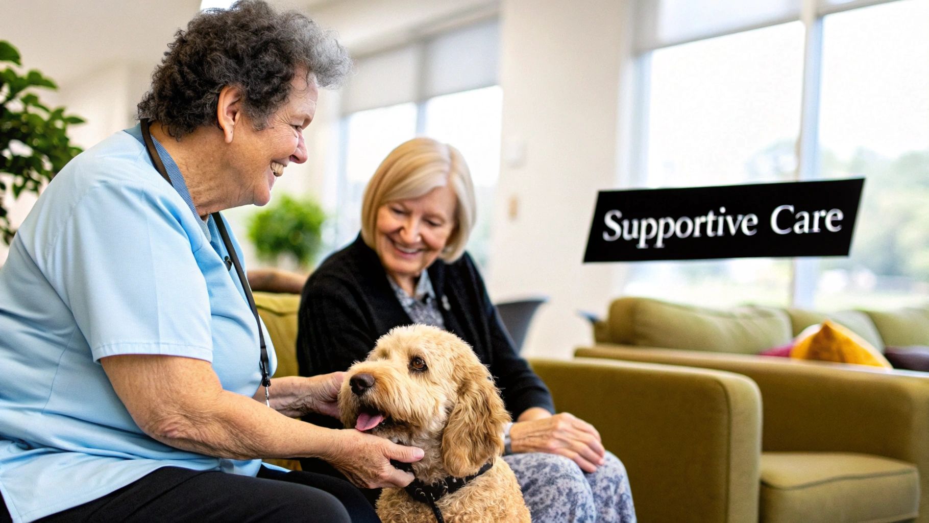 Two smiling elderly women interact with a fluffy therapy dog in a supportive care facility.