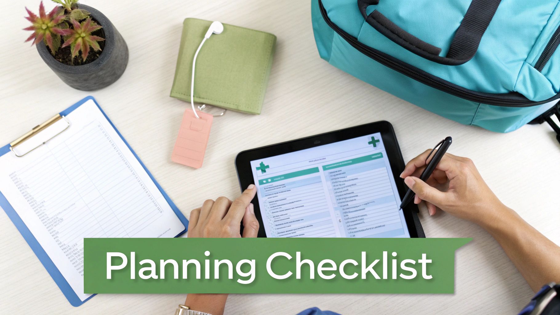 Top-down view of hands planning on a tablet with a digital checklist, surrounded by office items.